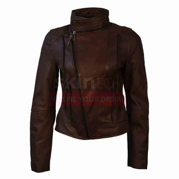women brown slim fit leather jacket
