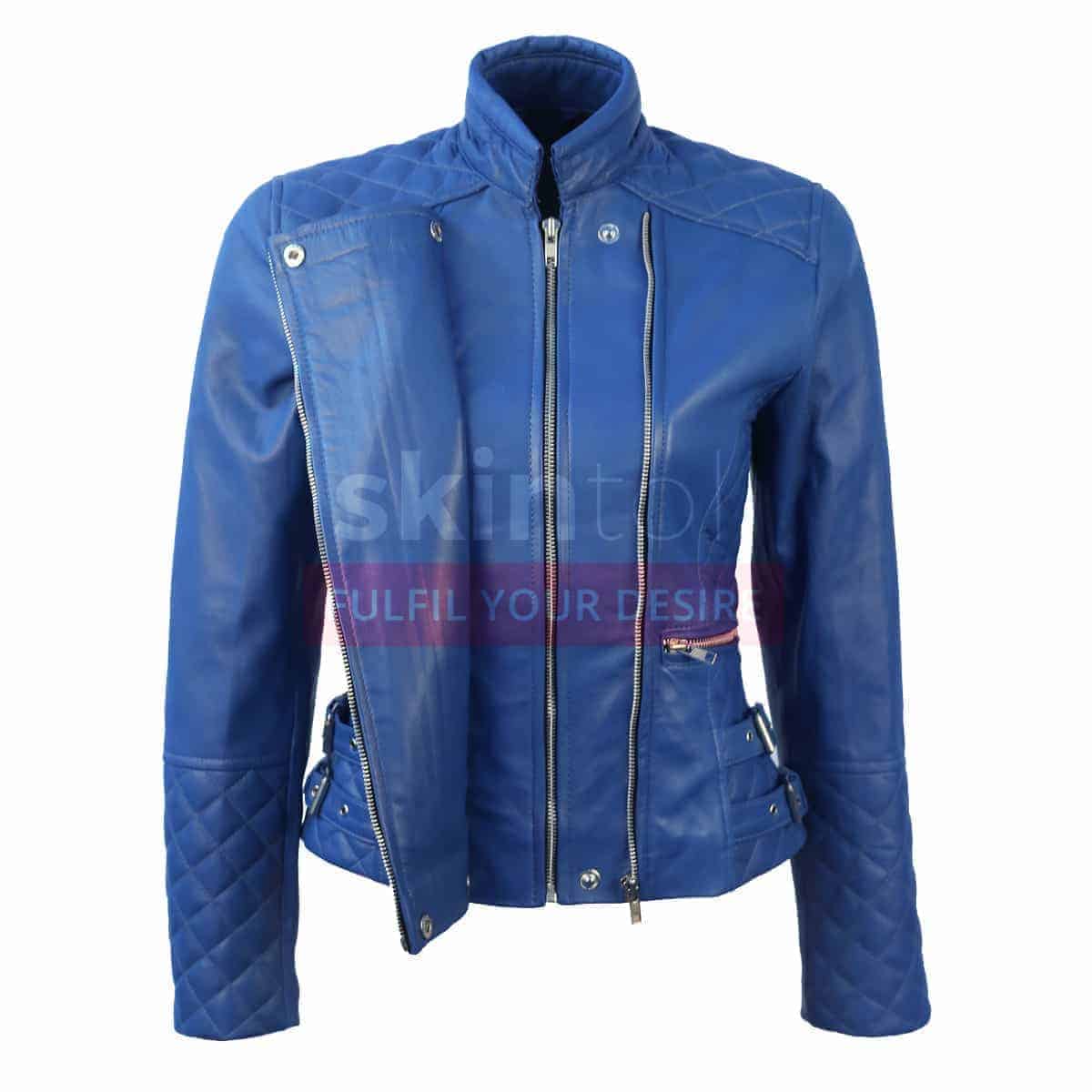 women blue slim fit leather jacket for sale - Skintoll