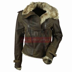 Hot Women Vintage Fur Collar Winter Warm Brown Leather Jacket