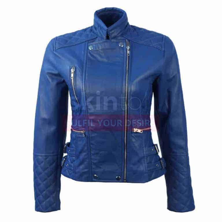 women blue slim fit leather jacket for sale - Skintoll